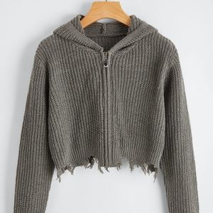 Solid distressed zip up cardigan